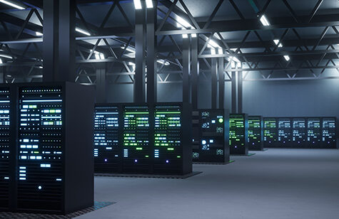 Modern data center providing cloud services, enabling businesses to access computing resources and storage on demand over internet. Server room infrastructure 3D render animation